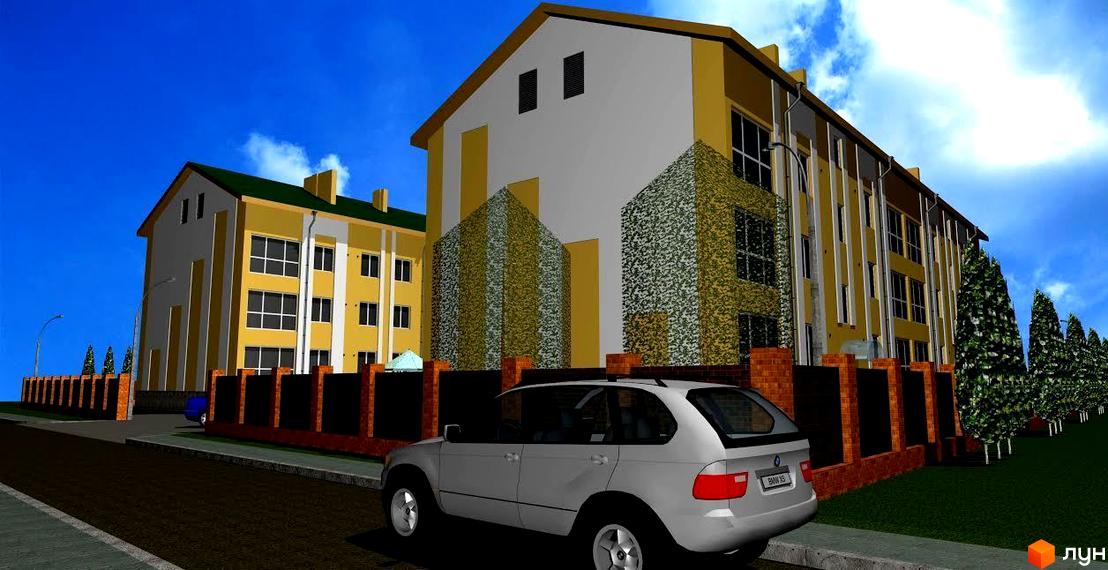 Житловий комплекс Європейський. Зовнішній вигляд новобудови з жовтими та сірими фасадами, вікнами та цегляним парканом. На території є дерева та автомобіль.