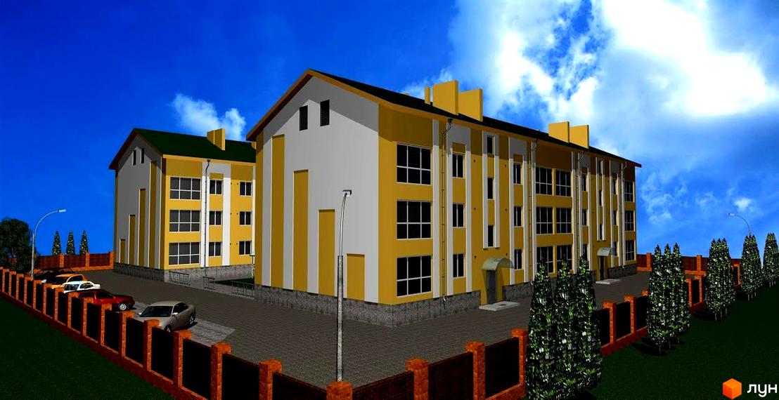 Зовнішній вигляд новобудови ЖК Європейський з жовто-білим фасадом та зеленим дахом. Прибудинкова територія включає парковку та огороджену територію з деревами.