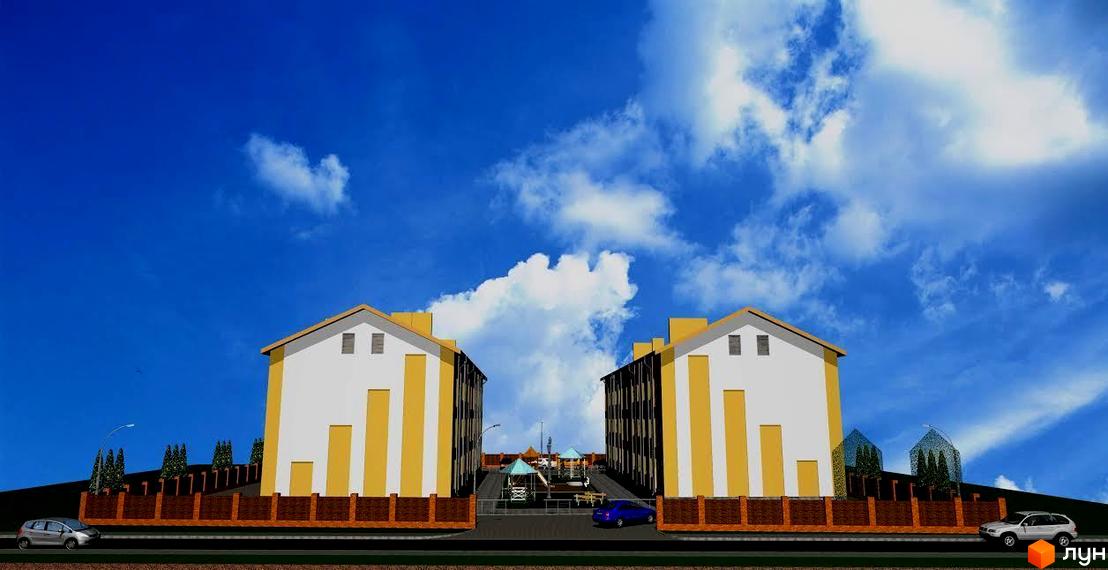 Житловий комплекс Європейський: двоповерхові будинки з жовтими смугами та цегляним парканом. На території дитячий майданчик та зелені насадження.