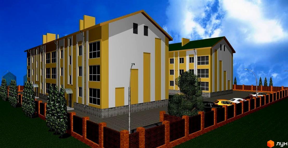 Зовнішній вигляд новобудови ЖК Європейський з жовтими та білими фасадами, вікнами та прибудинковою територією з паркуванням та огорожею.