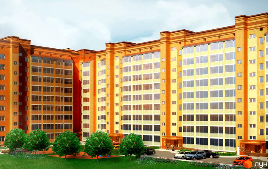 Житловий комплекс Затишний: багатоповерхова будівля з жовто-оранжевим фасадом та великою кількістю вікон. Перед будинком – зелений газон з деревами та парковка.