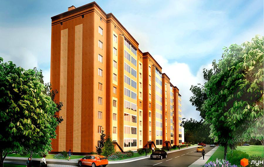 Зовнішній вигляд багатоквартирного будинку ЖК Затишний з цегляним фасадом та великими вікнами. Навколо будинку зелені дерева та доглянута прибудинкова територія з дорогою та автомобілями.