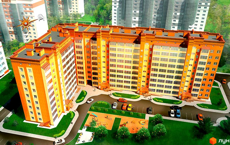 Житловий комплекс Затишний - яскрава новобудова з жовто-помаранчевим фасадом та великою кількістю вікон. Прибудинкова територія з дитячим майданчиком, парковкою та зеленими насадженнями.