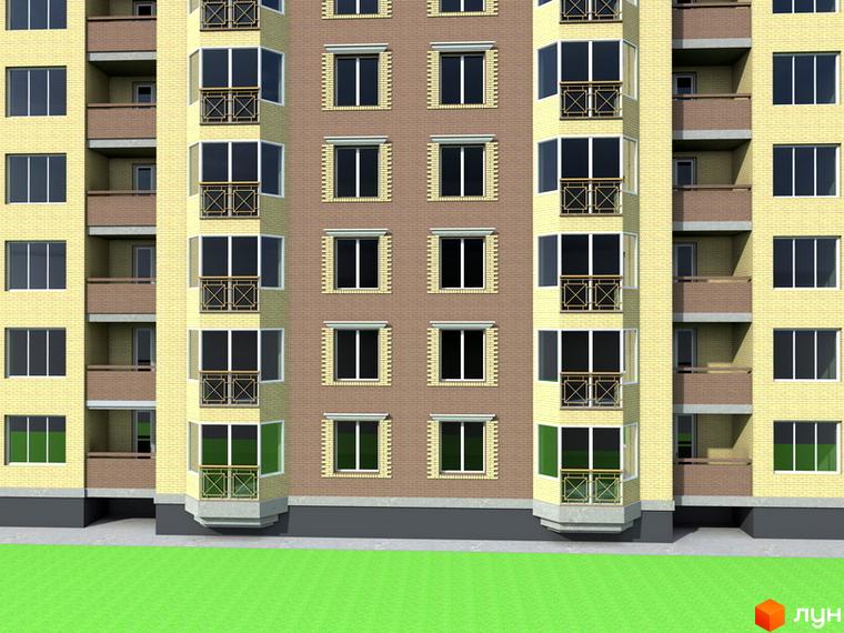 Фасад житлового комплексу на вулиці Іващенка, 1а. Будинок має жовті та коричневі цегляні стіни, балкони з металевими огорожами та великі вікна. Перед будинком зелена галявина.