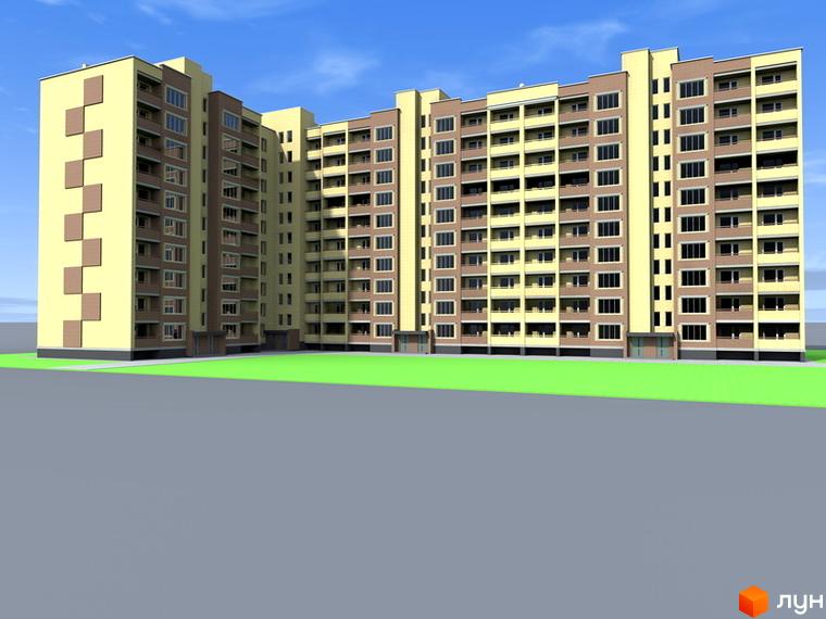 Зовнішній вигляд новобудови на вул. Іващенка, 1а, з жовто-коричневими фасадами та балконами. Навколо будинку зелена галявина та сіра дорога.