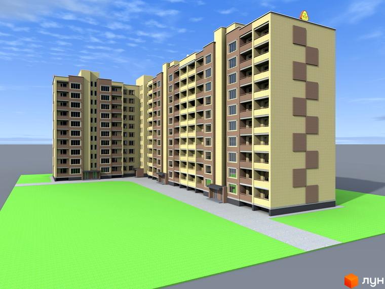 Зовнішній вигляд житлового комплексу на вул. Іващенка, 1а. Фасад будівлі світло-бежевого кольору з коричневими декоративними елементами. Перед будинком розташований зелений газон та доріжка.