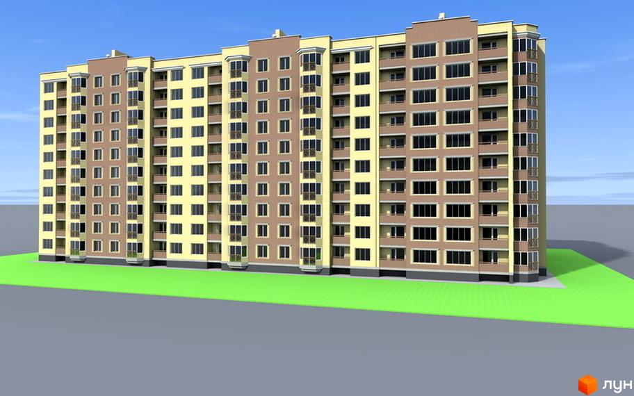 Зовнішній вигляд багатоповерхового житлового комплексу на вулиці Іващенка, 1а. Будинок має світло-жовтий та бежевий фасади, багато вікон та балконів. Перед будинком розташований зелений газон.