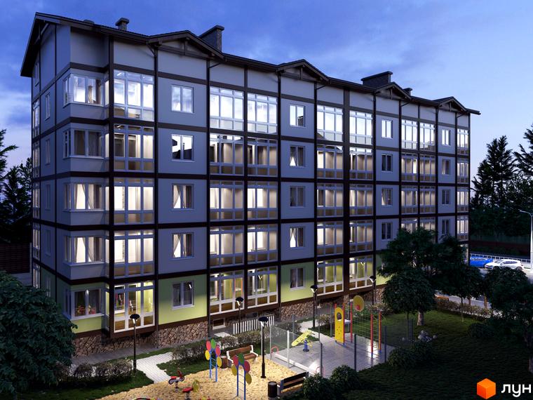 Зовнішній вигляд житлового комплексу Club House з багатьма вікнами та балконами. На прибудинковій території розташований дитячий майданчик та зелені насадження.