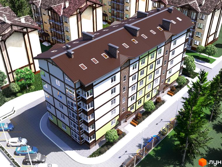 Житловий комплекс Club House – багатоповерховий будинок з коричневим дахом та світлими фасадами, розташований біля зеленої зони з деревами та парковкою.