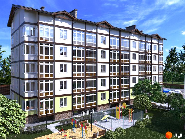 Зовнішній вигляд новобудови ЖК Club House з вікнами та балконами, на прибудинковій території дитячий майданчик та зелені насадження.
