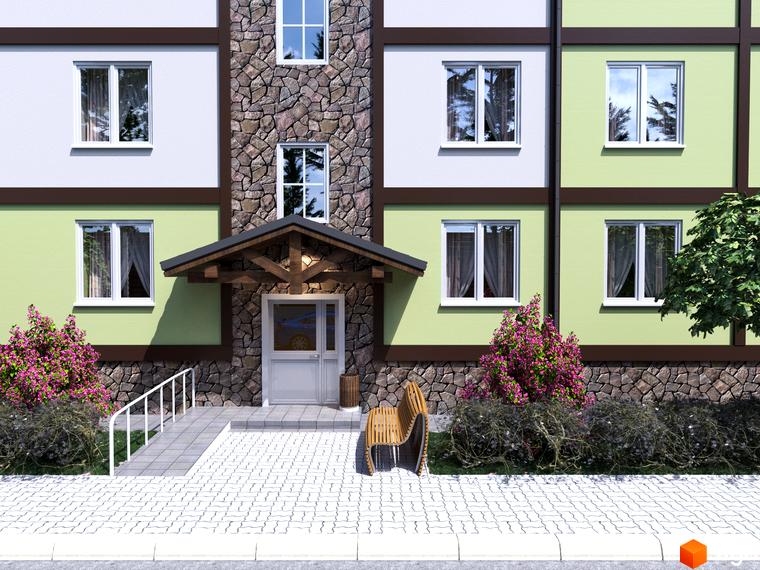 Зовнішній вигляд новобудови ЖК Club House з кам'яним оздобленням та зеленими фасадами. Біля будинку розташований зручний пандус, лавка та квітучі кущі.