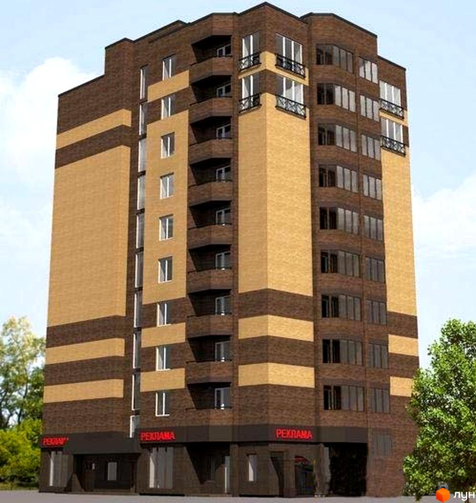 Новобудова ЖК Казкова Оселя з цегляним фасадом та балконами. Зовнішній вигляд багатоповерхового будинку з коричневими та бежевими смугами.