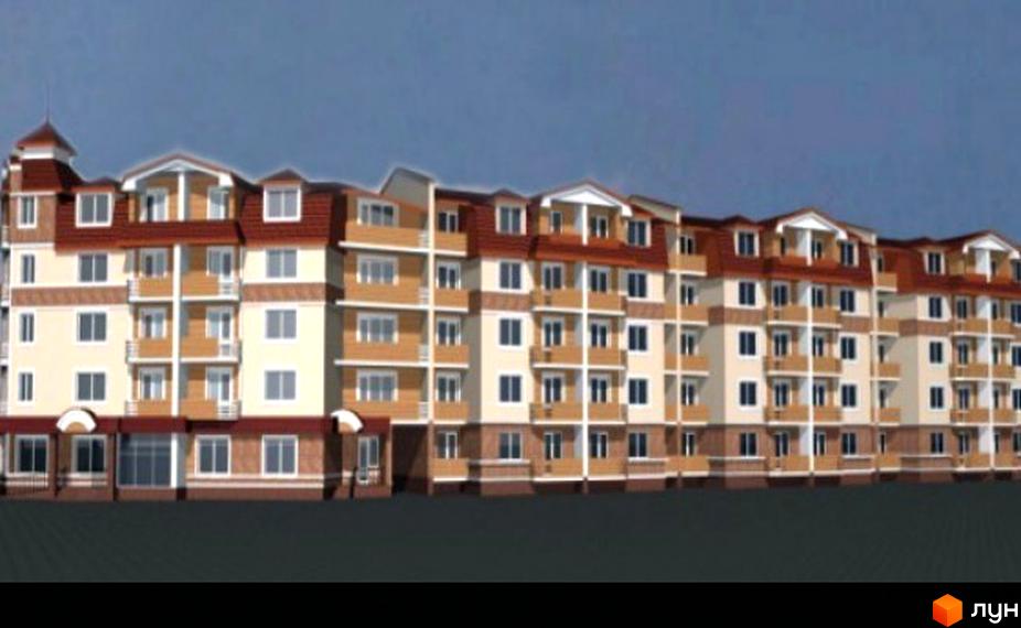 Зовнішній вигляд багатоповерхового житлового комплексу на вулиці Травнева, 2а. Будинок має багато балконів та вікон, дах червоного кольору.