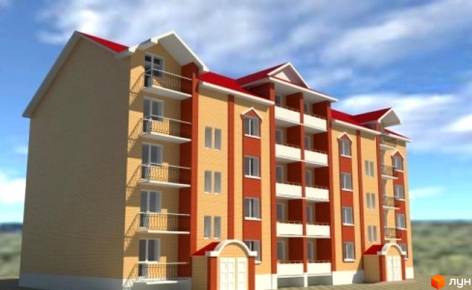 Будівельний проєкт Агора – багатоповерховий будинок з балконами та червоним дахом. Фасад оздоблений жовтим та червоним кольорами. Навколо будинку видно зелену територію.