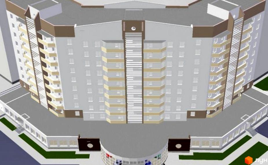 Зовнішній вигляд новобудови на вул. Конякіна, 7а, з балконами та центральним сходовим маршем. Прибудинкова територія з елементами озеленення та вхідною групою.