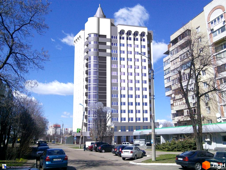 Новобудова на вулиці Гоголя, 219. Будинок має багатоповерхову структуру з вигнутим скляним фасадом та прямокутними вікнами. Навколо будівлі розташовані дерева та припарковані автомобілі.