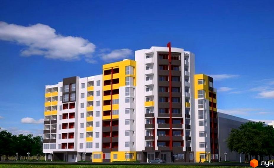 Житловий комплекс Фенікс – яскрава новобудова з жовтими та сірими фасадами, балконами та великими вікнами. Навколо будинку зелена територія з деревами та блакитним небом.