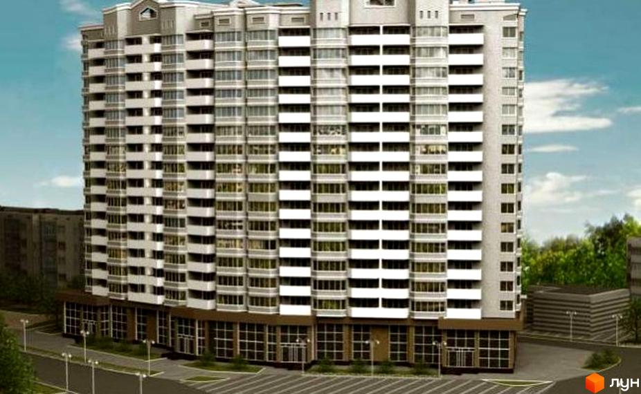 Фасад багатоповерхового житлового комплексу на вулиці В’ячеслава Чорновола (Войкова), 27. Будинок має багато вікон та балконів, а перед ним розташована прибудинкова територія з дорогою та освітленням.