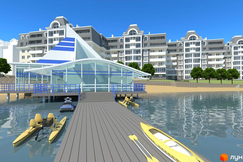 Житловий комплекс Стрелецкая набережная. Сучасна архітектура з виходом до води, причал з катамаранами та каяками.
