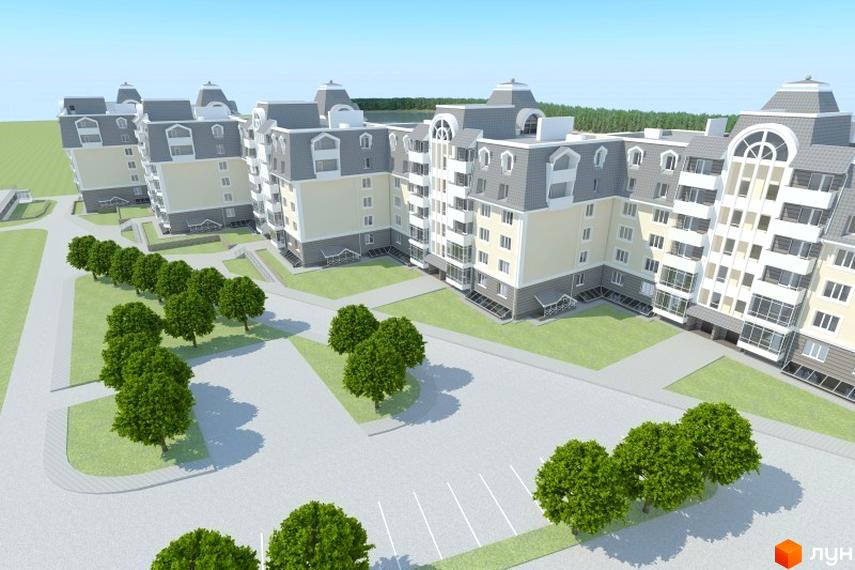 Зовнішній вигляд житлового комплексу Стрелецкая набережная з багаторівневими дахами та балконами. На прибудинковій території висаджені дерева та облаштована парковка.