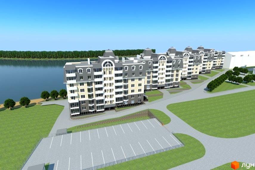 Житловий комплекс Стрелецкая набережная з сірими та бежевими фасадами, розташований біля річки. На прибудинковій території є парковка та зелені насадження.