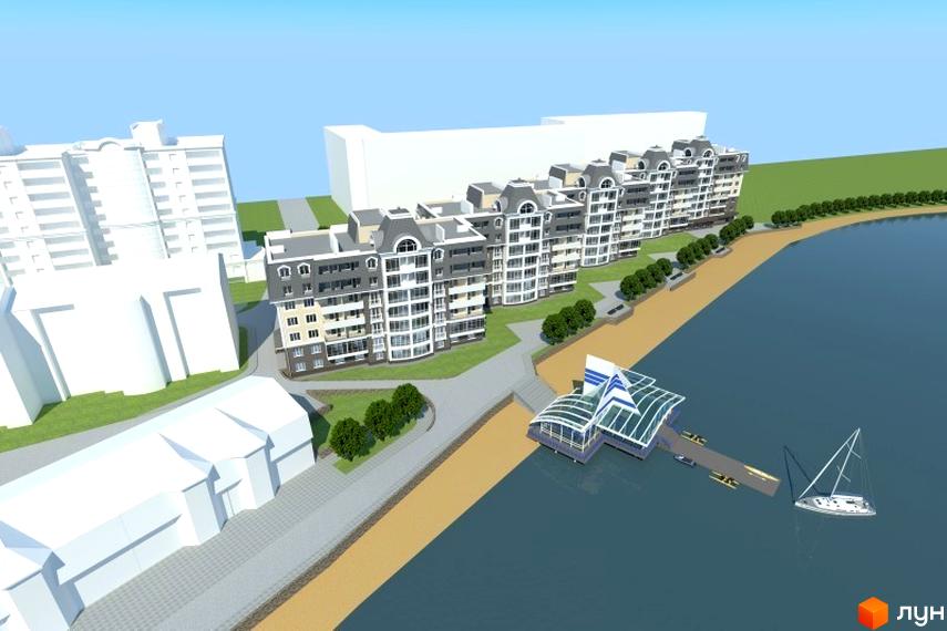 Житловий комплекс Стрелецкая набережная з багатоповерховими будинками та набережною з яхтою. Зовнішній вигляд новобудови біля води.