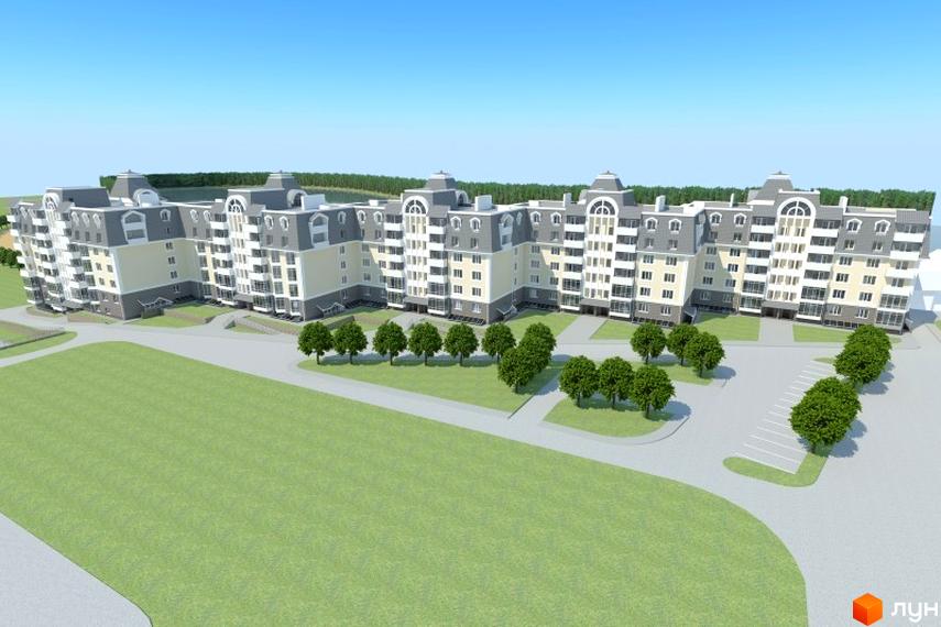 Зовнішній вигляд багатоповерхового будинку ЖК Стрелецкая набережная з сірим дахом та світлими стінами. На прибудинковій території зелений газон та дерева.