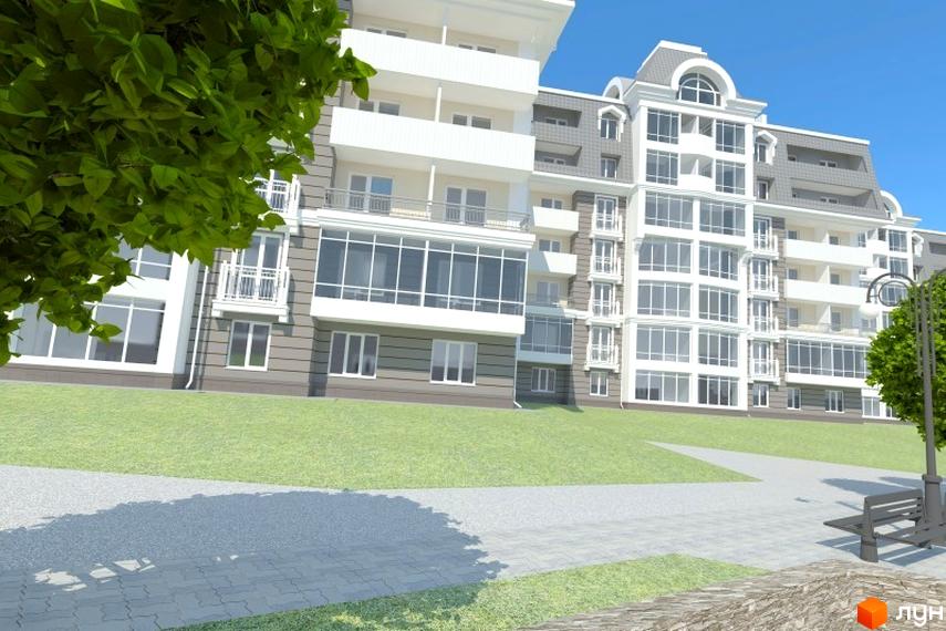 Житловий комплекс Стрелецкая набережная. Зовнішній вигляд багатоповерхового будинку з балконами та великими вікнами на тлі блакитного неба. Прибудинкова територія з газоном та доріжками.