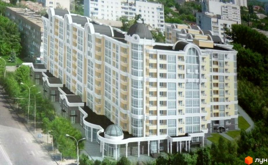 Житловий комплекс на просп. Перемоги, 119а. Багатоповерховий будинок з вигнутими фасадами, арковими вікнами та куполом. Прибудинкова територія з деревами та дорогою.