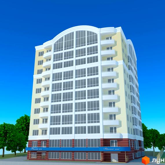 Сучасна новобудова з великою кількістю вікон та балконів, розташована на фоні блакитного неба. Будинок має світло-жовтий фасад та червоно-білий цоколь.