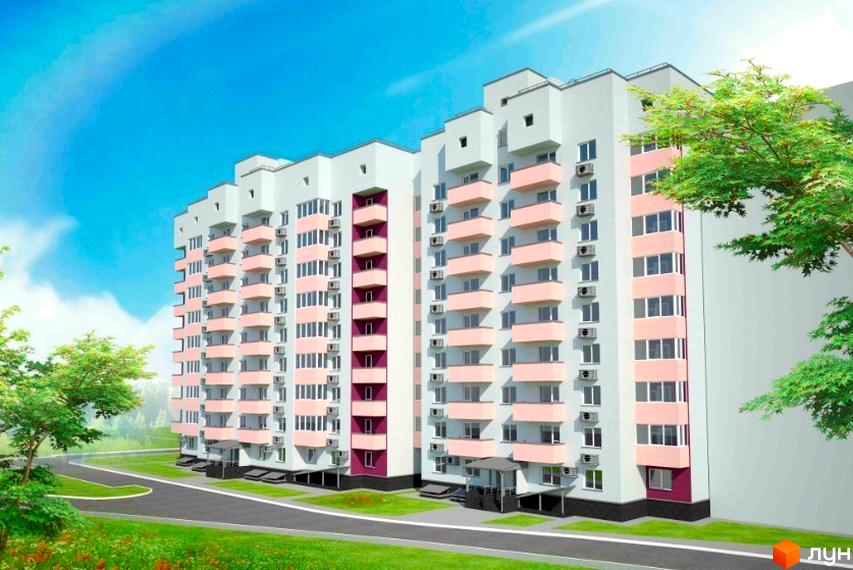 Зовнішній вигляд житлового комплексу Дім на Єськова з рожевими балконами та кондиціонерами. Навколо будинку зелена територія з деревами та дорогою.