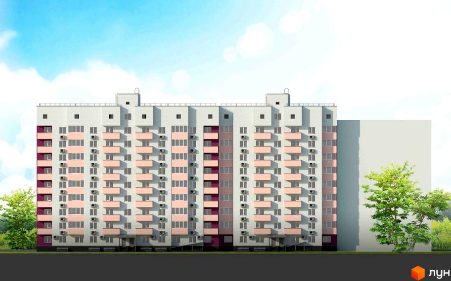 Житловий комплекс Дім на Єськова: фасади будинку з балконами та кондиціонерами, зелені дерева на прибудинковій території.