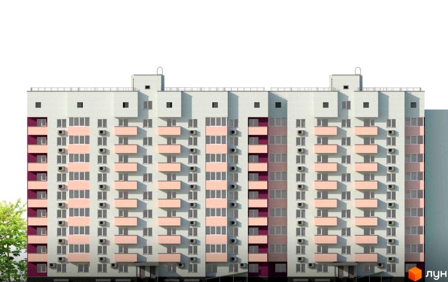 Зовнішній вигляд багатоповерхового будинку ЖК Дім на Єськова з рожевими балконами та кондиціонерами. Фасад світло-сірий з елементами бордового кольору.