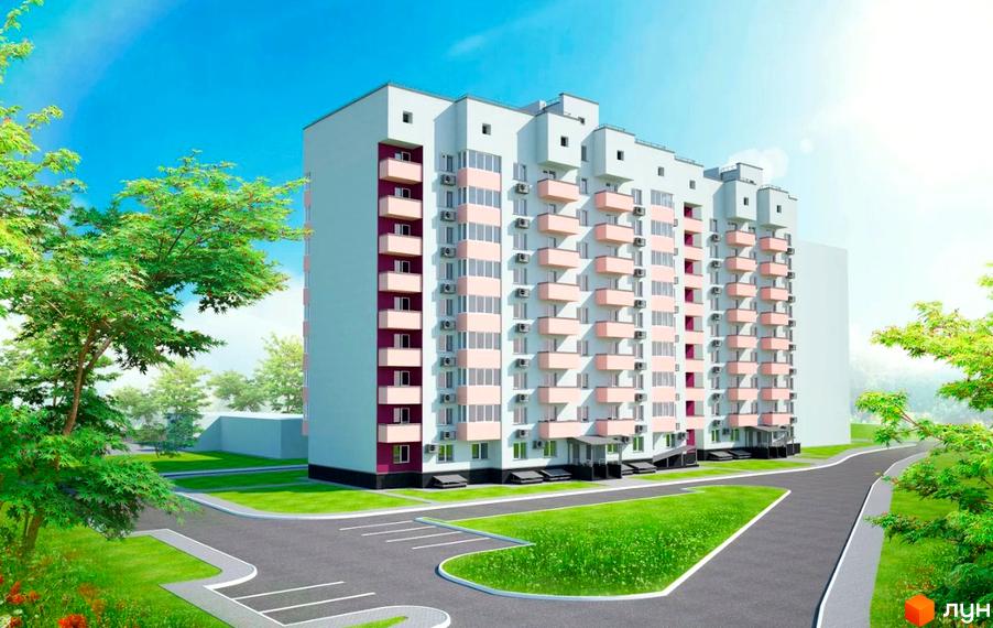 Зовнішній вигляд багатоповерхового житлового комплексу Дім на Єськова з рожевими балконами та кондиціонерами. Прибудинкова територія з зеленими насадженнями та дорогою.