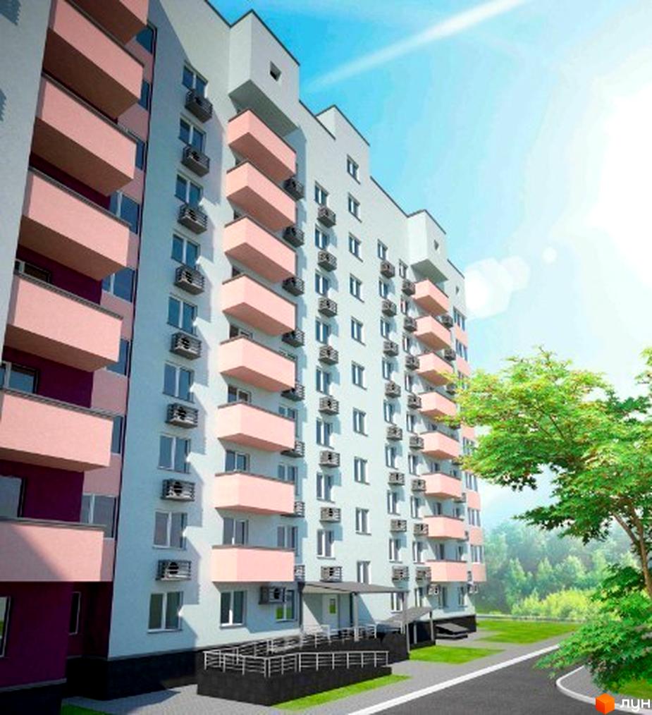 Житловий комплекс Дім на Єськова: багатоповерхова новобудова зі світло-блакитним фасадом, рожевими балконами та зеленою територією.