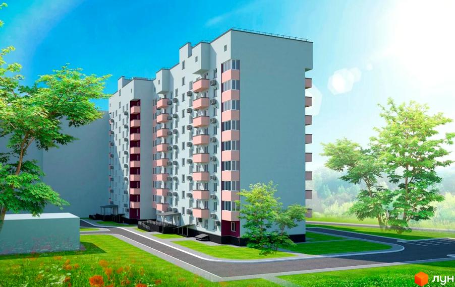 Житловий комплекс Дім на Єськова. Сучасна багатоповерхівка з рожевими балконами та кондиціонерами на фасаді. Прибудинкова територія з зеленими насадженнями та доріжками.