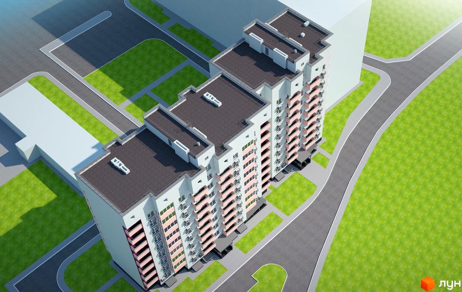 Зовнішній вигляд житлового комплексу Дім на Єськова з рожевими балконами та сірим дахом. Прибудинкова територія з зеленими газонами та асфальтованими доріжками.