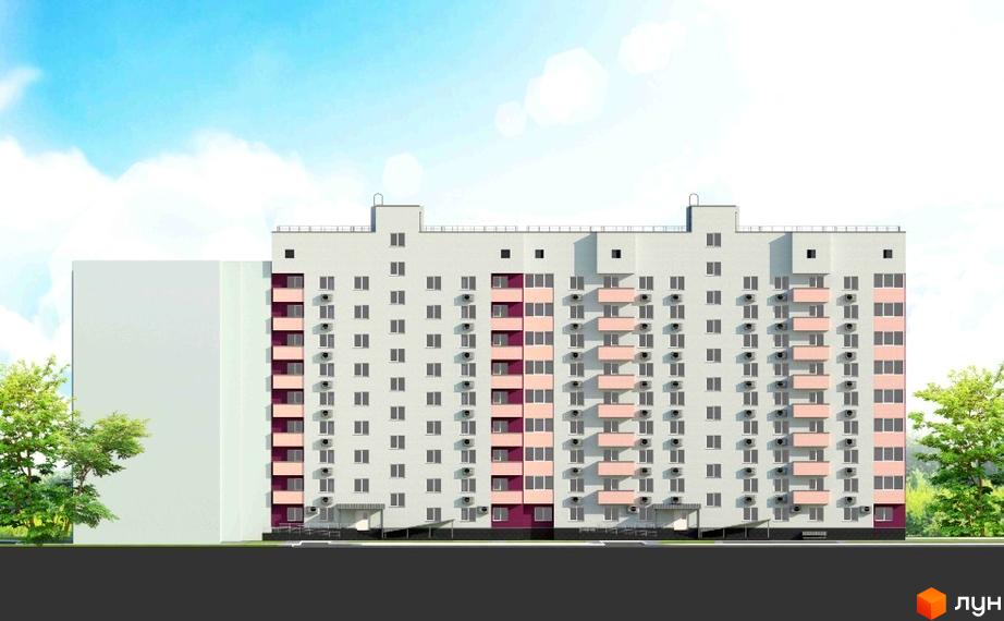 Фасад житлового комплексу Дім на Єськова з рожевими та бордовими елементами та численними кондиціонерами. Навколо будинку зелені дерева та блакитне небо з хмарами.