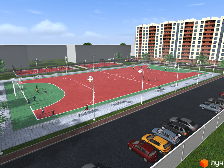 Будівельний проєкт на просп. Злуки, За, 5а. На території розташовані спортивні майданчики та багатоквартирний будинок.