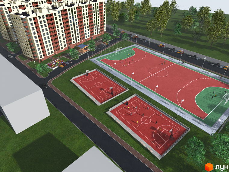 Вид на житловий комплекс просп. Злуки, За, 5а з висоти пташиного польоту. На території комплексу розташовані спортивні майданчики та зони відпочинку.