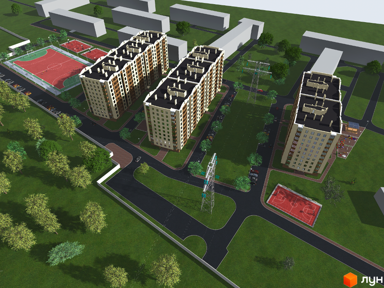 Зовнішній вигляд житлового комплексу просп. Злуки, За, 5а. На території комплексу розташовані спортивні майданчики та зелені зони.