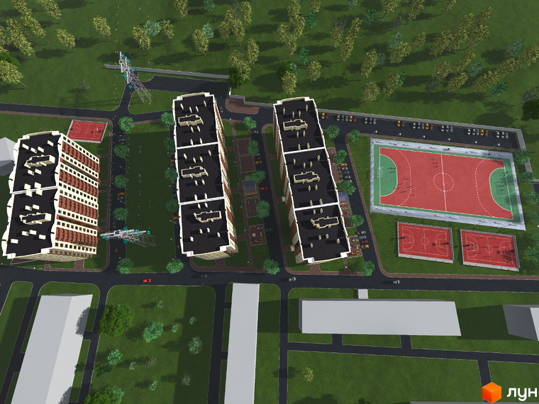 Житловий комплекс на просп. Злуки, За, 5а. Зовнішній вигляд будинків та прибудинкова територія з спортивними майданчиками.