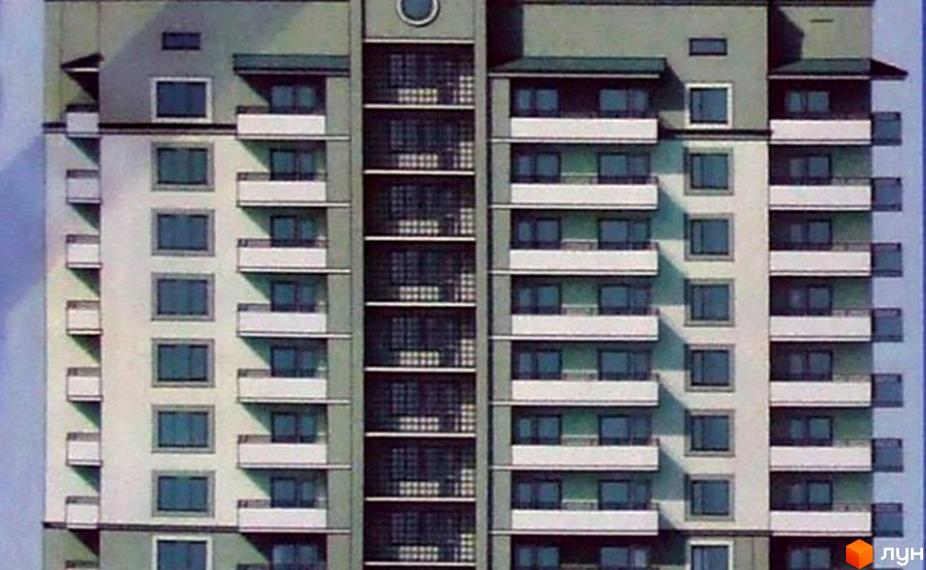 Фасад житлового комплексу на вул. Стадникової, 2. Багатоповерховий будинок з балконами та великою кількістю вікон. Зовнішній вигляд новобудови.