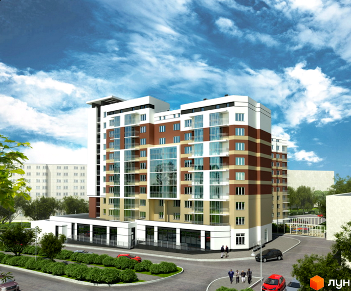 Зовнішній вигляд житлового комплексу Howard з коричневими та білими фасадами, великими вікнами та балконами. Прибудинкова територія з зеленими насадженнями та дорогою.