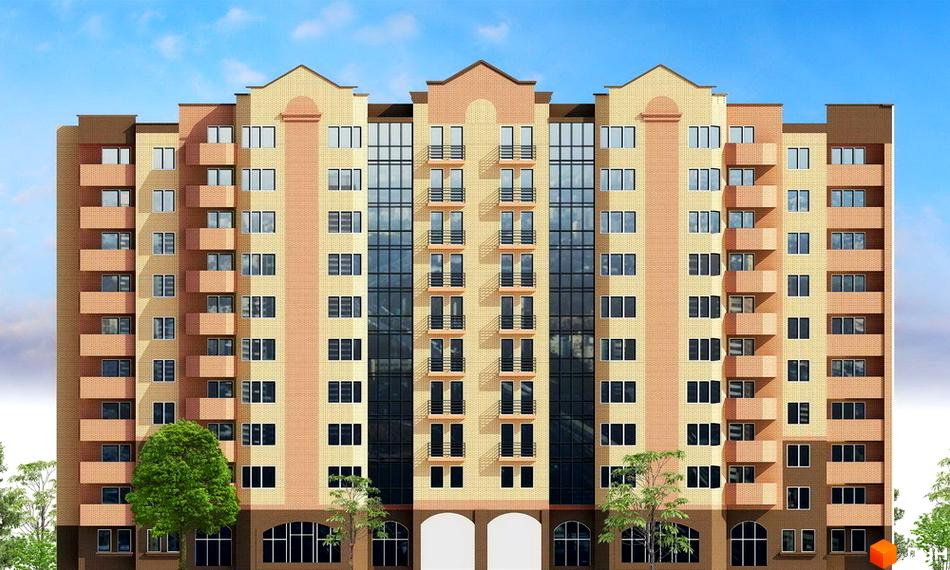 Фасад новобудови на вул. Білецька, 53, з балконами та великими вікнами. Навколо будівлі зелені дерева та блакитне небо.