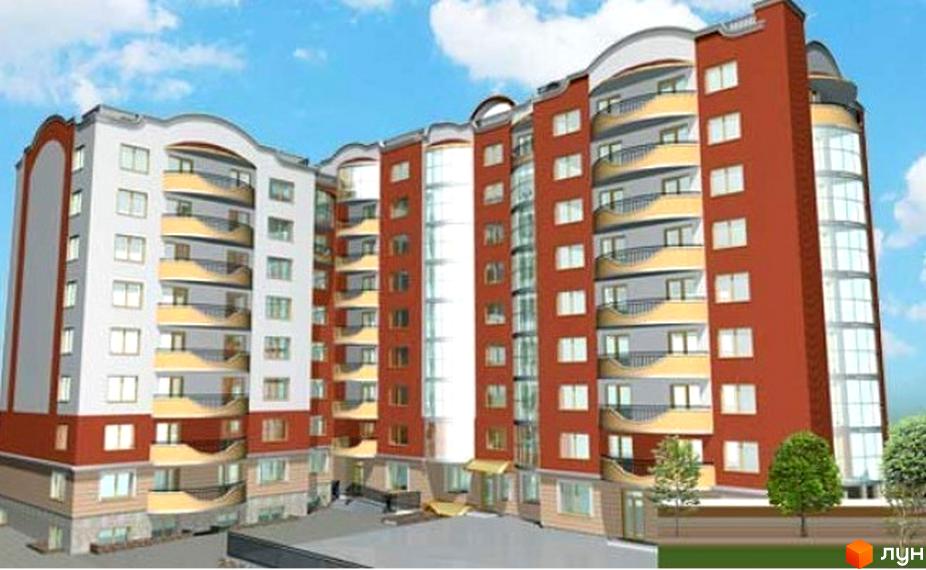 Зовнішній вигляд житлового комплексу на вул. Польового. Багатоповерховий будинок з червоними та білими фасадами, балконами та великими вікнами. Навколо будинку зелені насадження та частина прибудинкової території.