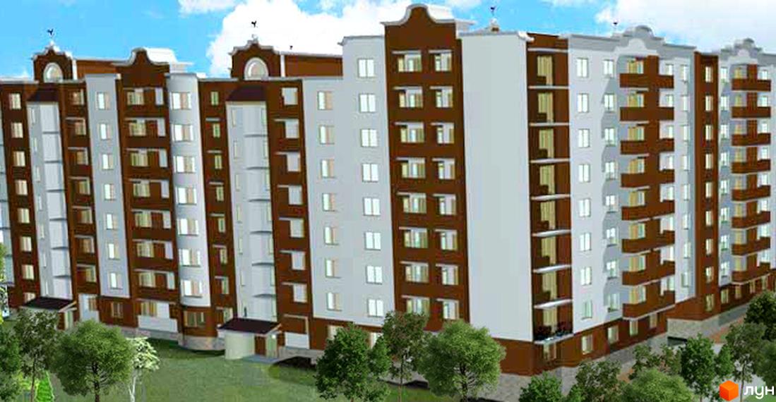 Зовнішній вигляд новобудови на вул. Коцюбинського, 5. Багатоповерховий будинок з коричнево-білими фасадами та балконами. Навколо будинку зелена територія з деревами.