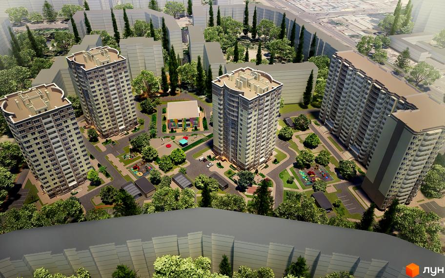 Житловий комплекс SunCity: вид зверху на багатоповерхові будинки з балконами та прибудинкову територію з дитячими майданчиками та зеленими насадженнями.