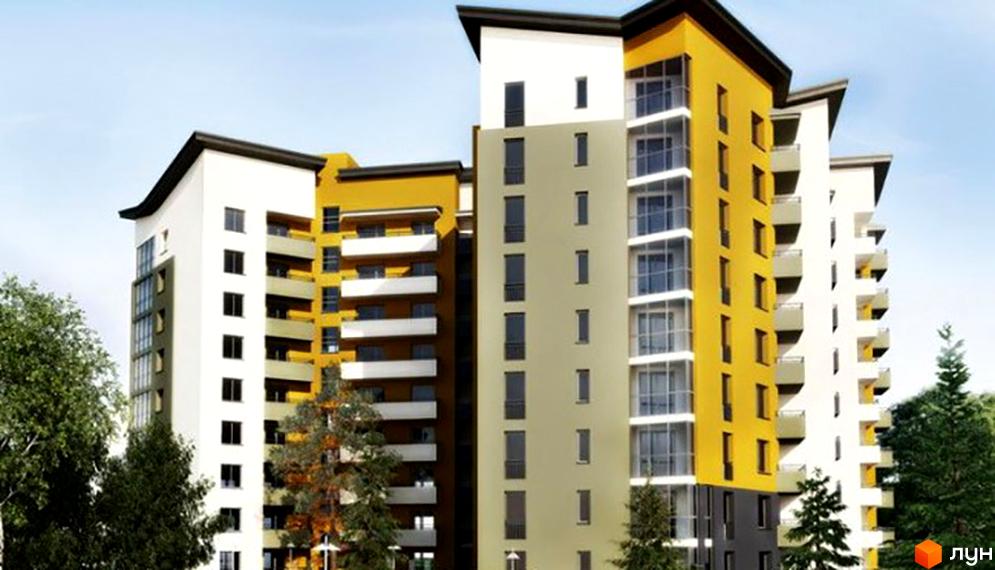 Зовнішній вигляд новобудови на вул. Будного, 57. Багатоповерховий будинок з жовтими та білими фасадами, балконами та великими вікнами. Навколо ростуть дерева.