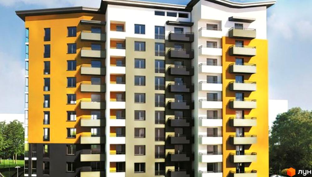 Фасад будинку житлового комплексу на вул. Будного, 57, з яскравими жовтими та сірими елементами, численними балконами та великими вікнами. Навколо видно зелені дерева та блакитне небо.